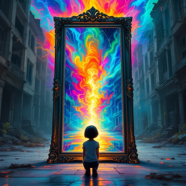 The cover features a striking, surrealistic mirror that stands slightly tilted in the center. Reflected in the mirror is an alternate dimension filled with vibrant, swirling colors. The background is a gritty, abandoned cityscape, setting the tone for adventure. In front of the mirror, a surprised girl with short hair kneels, her eyes wide with amazement and wonder. The mirror's surface is cracked, hinting at the multiple dimensions and the fractures in trust and friendship.