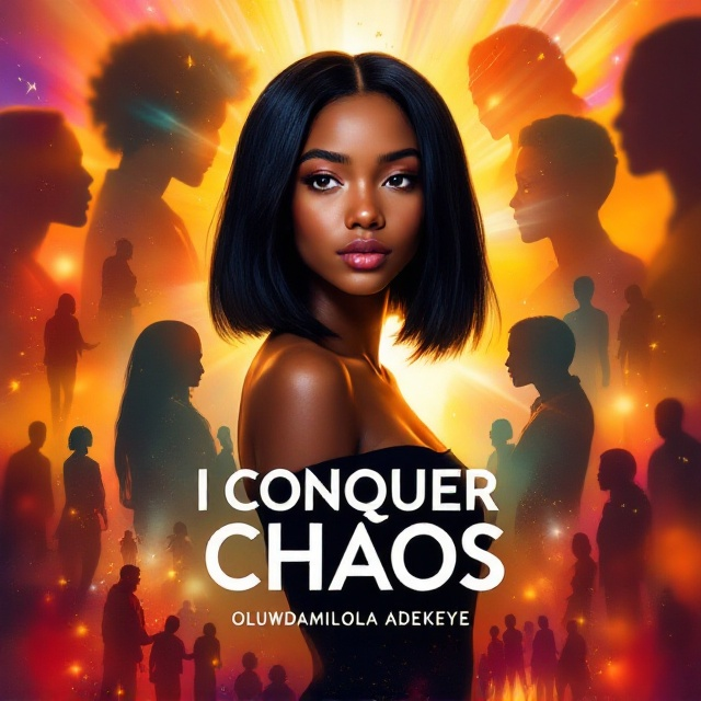 A vibrant and dynamic cover with a central figure of a 17-year-old black girl with straight, jet-black, shoulder-length bob hairstyle. Her golden caramel skin exudes strength and growth. Around her, faded silhouettes of her past challenges, including figures symbolizing betrayal, a toxic relationship, and academic strife, blur into the background. She stands tall, gazing confidently at the viewer, framed by a burst of light that symbolizes divine intervention and self-discovery, set against a vibrant, diverse color palette representing her journey from sadness and hurt to happiness and resilience.