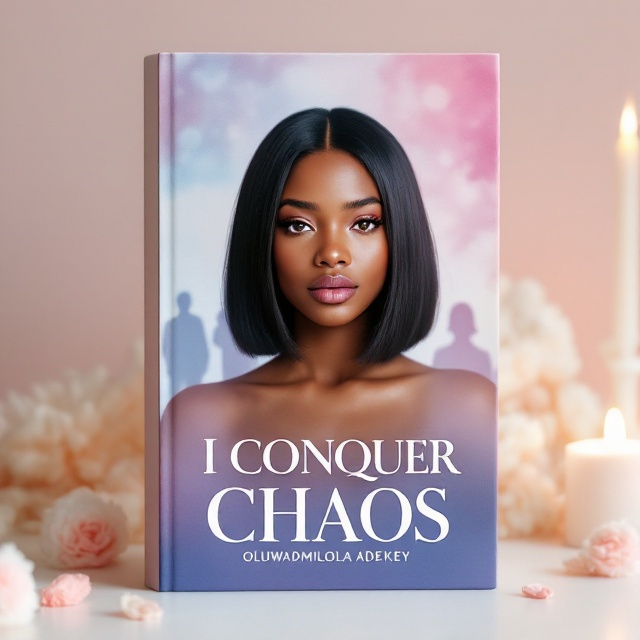 The book cover features the 17-year-old black girl as the central focus, depicted with her straight, jet-black hair styled in a shoulder-length bob. Her skin has a golden caramel tone. She stands confidently at the forefront, gazing directly at the reader with a mature, poised expression. Behind her, a faded silhouette of her past challenges — symbolic figures of friends, a toxic partner, and a teacher — blurs into the background, representing her decision to leave those memories behind. The lower half of the cover gently transitions into a bright background, suggesting growth and newfound happiness. Scattered around her are subtle pastel elements, like fluffy lounge wear and soft candlelight, indicating her journey to discovering inner peace and identity.
