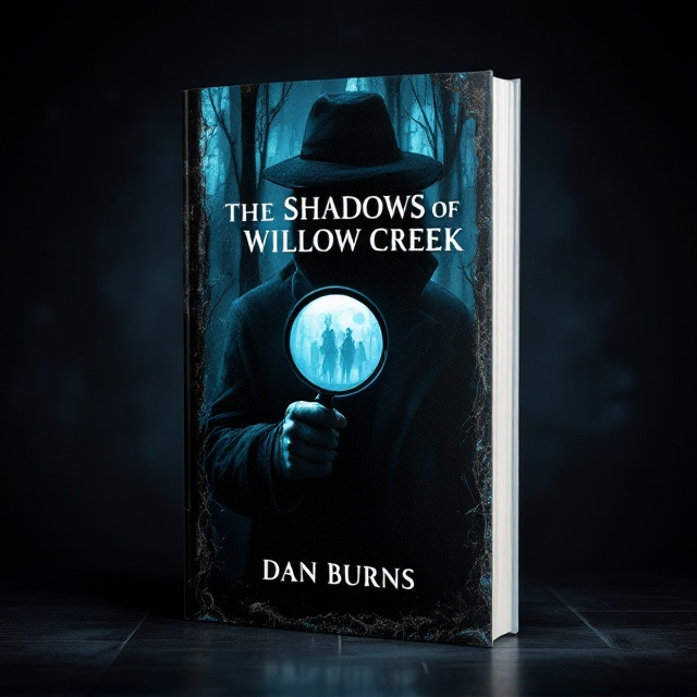 The cover features a dark and moody image of a detective holding a magnifying glass, partially illuminated by pale moonlight. Shadows of willow trees are subtly integrated into the background, creating an eerie, mysterious atmosphere. The color palette is dominated by shades of black and blue, with a subtle texture resembling aged paper for added depth.