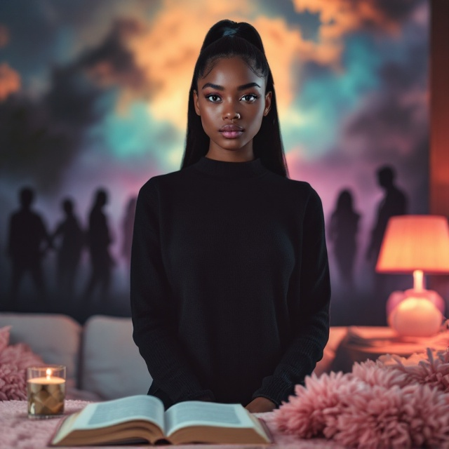 The cover features the 17-year-old black girl as the central focus, with her standing confidently in the foreground. Her jet-black hair is straightened and held back with a claw clip. Her expression is one of determination as she looks directly at the viewer. In the background, shadowy figures representing her past—betrayal, toxic relationships, and a difficult teacher—fade into the distance, symbolizing her triumph over these challenges. The background transitions from darker, stormy tones at the edges to lighter, pastel hues towards the center, suggesting growth and optimism. A softly glowing lamp illuminates a nearby coffee table adorned with a pastel pink fluffy lounge set and an open self-help book, hinting at her journey of self-discovery.