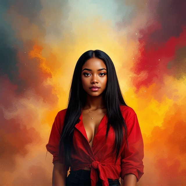 The cover features a 17-year-old black girl with straight jet-black hair and golden caramel-light skin standing in the foreground. She radiates confidence and strength as she gazes directly at the viewer. Her past is symbolized by a series of abstract, blurred scenes fading into the background, representing betrayal, a toxic relationship, and school challenges. Vibrant, bright colors swirl around her, suggesting growth and resilience. The backdrop fades from a darker shade around the edges to a lighter, serene shade toward the center, where she stands as a focal point.