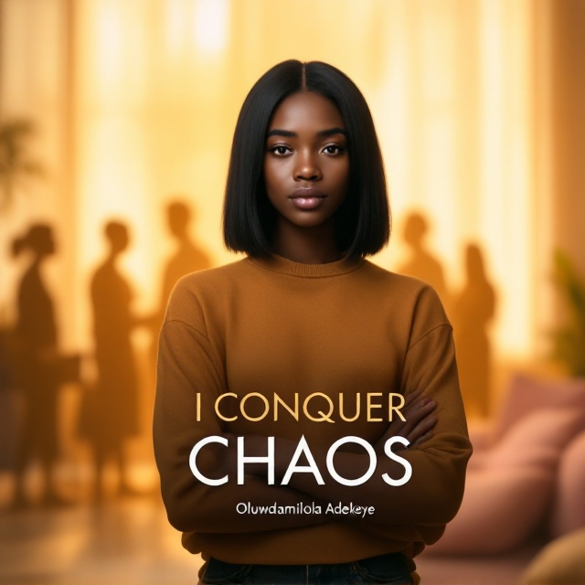 The cover features a striking image of a 17-year-old black girl with straight jet-black hair in a shoulder-length bob, standing confidently in the foreground. Her expression is a mix of determination and tranquility, symbolizing her resilience and growth. Behind her and gradually fading into the background are blurred silhouettes representing her past challenges figures of friends, a shadowy ex-boyfriend, and the outline of a teacher’s desk. The entire scene is tinged with soft golden caramel lighting, suggesting her newfound strength and inner peace, while subtle elements like a pastel pink lounge set peeking through hint at her comfort and personal victory.