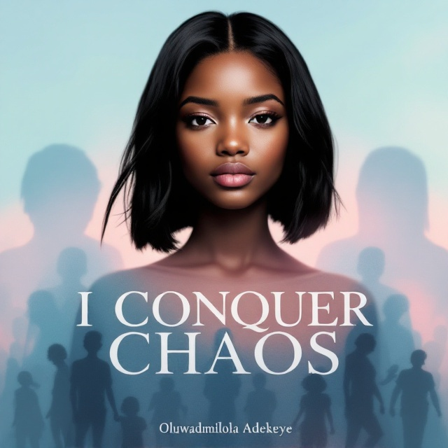 The cover features a 17-year-old black girl with jet-black hair styled in a shoulder-length bob. She stands tall at the center of the cover, exuding confidence and resilience. Her skin glows in a golden caramel-light shade, and she's looking straight at the viewer. Behind her, soft pastel blue and pink colors blend as the background, symbolizing the transition from her painful past to a hopeful future. Faded silhouettes representing the challenges she overcame are subtly integrated into the background, gradually disappearing into the pastel hues. The girl's stance is strong, with clear signs of growth and inner strength.