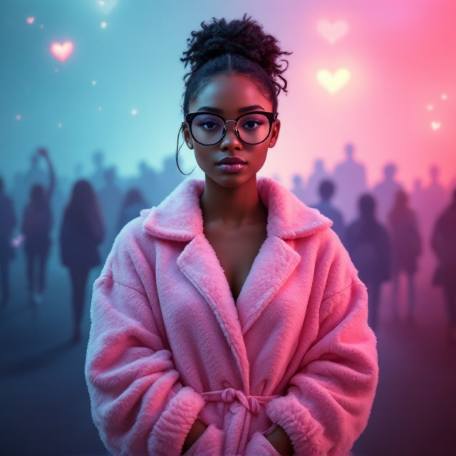 The cover features the 17-year-old protagonist standing confidently at the center. She is dressed in a pastel pink fluffy lounge set with her jet-black hair elegantly clipped. Her golden caramel-light skin glows under a dim, soft light, highlighting her inner strength and resilience. The background fades from pastel blue at the top to pastel pink at the bottom, symbolizing her journey from chaos to peace. Behind her, silhouettes of school figures, friends, and a fragmented heart subtly dissolve into the background, representing her past. Her large frame glasses reflect a sense of intelligence and self-discovery.