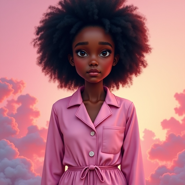 The cover features a portrait of the 17-year-old black girl with jet-black hair, standing confidently in the foreground. Her expression is a blend of strength and serene happiness. The background is a gradient fading from dark shadows on one side to light pastel colors on the other, symbolizing her journey from chaos to peace. The dark side subtly hints at shadowy silhouettes representing past challenges, gradually dissolving into the light. The girl is dressed in a pastel pink three-piece lounge set, as described in the extract, with a calm and warm light focusing on her.