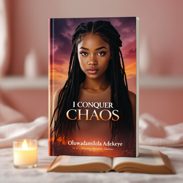 The cover features a striking portrait of a 17-year-old black girl with golden caramel-light skin and jet-black braids, standing confidently in the foreground. Her gaze is powerful and direct, symbolizing resilience. Behind her, the background gradually fades from a chaotic, stormy scene into a serene, pastel pink setting, representing the journey from turmoil to peace. Fading silhouettes of friends, an ex-boyfriend, and a school setting subtly blend into the background, signifying her past. Nearby, a glowing candle and an open book lie on a serene surface, symbolizing enlightenment and self-discovery.