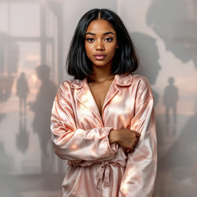 The cover features a 17-year-old black girl with a golden caramel-light skin tone, looking directly at the viewer. She stands tall and confident against a subtly fading backdrop depicting memories of her past—shadowy figures of friends, an indistinct male silhouette, and an abstract school setting. She wears a pastel pink lounge set, evoking comfort and softness, with her straight jet-black hair styled in a mature, shoulder-length bob. Her presence radiates resilience and peace, with soft light illuminating her figure, moving from dim to bright, symbolizing her journey toward inner strength.