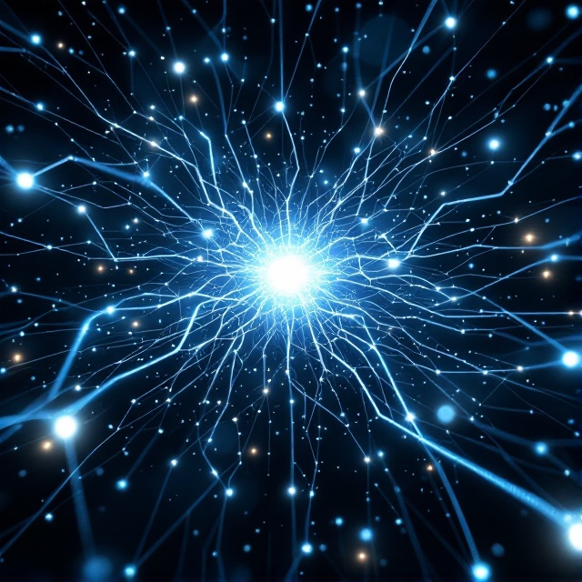 A neural network pattern sprawling across a sleek, futuristic background. The network nodes and connections are pulsing with a soft, blue-white glow, radiating a sense of interconnectedness and advanced technology. Subtle binary code streams weave in and around the network.