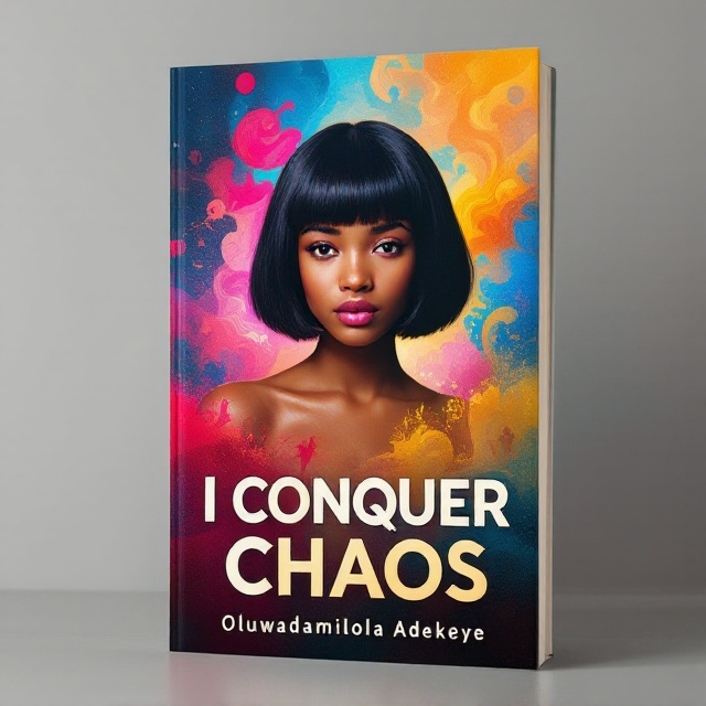 The cover features the young black girl standing tall and central against a vibrant, colorful background. Her golden caramel-light skin contrasts beautifully with her jet-black bob hairstyle, as memories of her past challenges visibly fade into the background. The backdrop uses bright, dynamic swirls of colors, symbolizing her turbulent past dissolving into a more serene and hopeful horizon. The girl's face exudes confidence, with her gaze looking directly at the viewer, embodying strength and resilience. The lower half of the cover subtly introduces elements from her past, like faint figures or shadows symbolizing betrayal and struggles, progressively becoming more obscure and indistinct as they ascend, signifying her triumph over adversity.