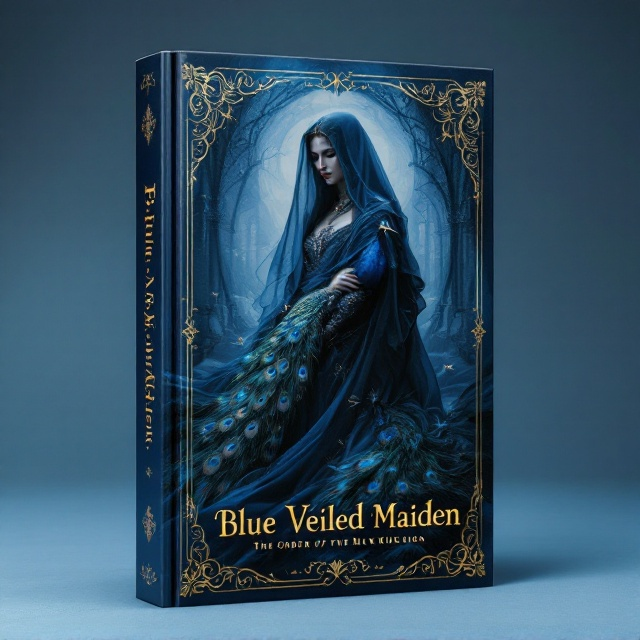 A somber and captivating cover featuring a central figure of a maiden with a blue veil cascading over her medieval attire. The maiden stands in an elegant, slightly turned pose, with a peacock resting beside her, its feathers fanning gracefully in a vivid display of blues and greens. The background is a soft gradient of deep blue transitioning to a lighter blue, evoking a subtle sense of mystery and melancholy. Delicate patterns of gold filigree adorn the edges of the cover, complementing the elegant theme.