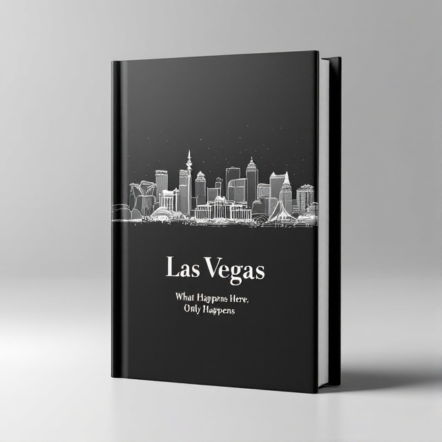 A black matte background with a pencil drawing of the Las Vegas skyline prominently featuring iconic hotels. The drawing is centered and stretches across the middle of the cover. Below the skyline, the city’s motto, "What Happens Here, Only Happens Here," is elegantly scripted.