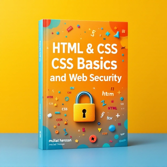 A playful and dynamic design featuring large, colorful HTML and CSS code snippets scattered around the cover with a whimsical lock and key incorporated to symbolize web security. The background is a gradient transitioning from a bright, engaging orange to a calming blue, symbolizing the balance of fun and security.