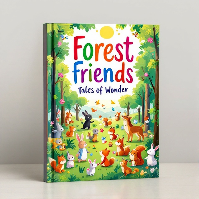 A whimsical, animated forest scene filled with a diverse group of forest animals like rabbits, foxes, squirrels, and birds, engaged in playful activities and adventures. Bright, lively colors dominate the scene with lush greenery and tall trees surrounding the animals. The sun peeks through the treetops, casting a warm glow.