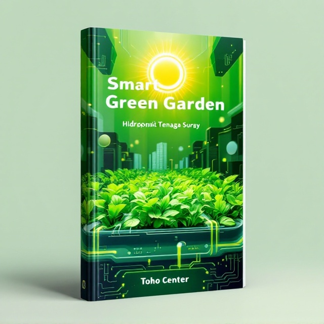 A harmonious blend of vibrant green tones, featuring a modern and sleek depiction of a futuristic farm. The foreground showcases a detailed hydroponic DFT (Deep Flow Technique) system, with transparent tubes and lush crops flourishing under the glow of a large, stylized sun emblem. There are subtle technological details embedded within the garden elements, such as circuit patterns and solar panel textures, to emphasize the 'smart' aspect. The background fades into a metallic green gradient to suggest progress and innovation.