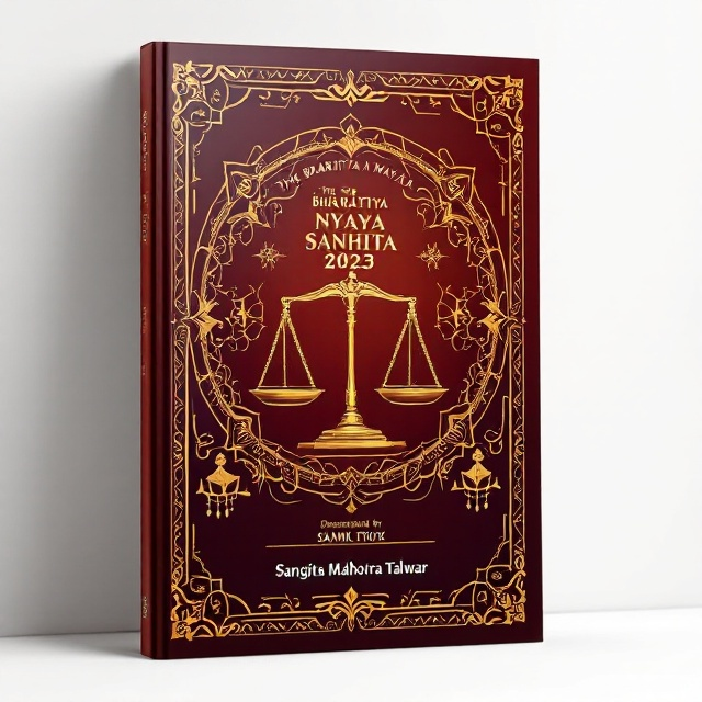 The cover features a prominent depiction of the scales of justice at the center, with a detailed gavel slightly below it. Around the scales, motifs inspired by the Indian Constitution are subtly integrated into the background. The maroon background gives a rich and authoritative look, while gold accents highlight the significance of legal tradition. The borders are adorned with intricate Indian patterns, enhancing the cultural aura.