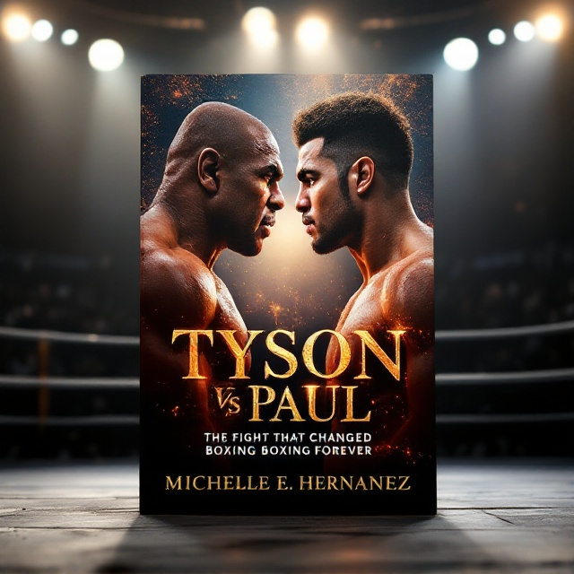 The cover features Mike Tyson and Jake Paul facing off with fierce intensity in a dynamic split-composition. Tyson is on the left with an iconic boxing pose, and Paul is on the right with a confident stance. The background is a dramatic boxing ring with spotlights piercing through, casting a shadowed crowd in the distance. Bright bursts of light suggest energy and the clash of power.