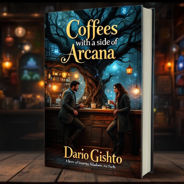The cover depicts a cozy yet gritty diner scene with Benny Raymond and Marceni Desilly standing side-by-side. Benny holds a mug, his expression thoughtful and serious, while Marceni leans against a worn wooden counter, a spark of wonder in her eyes. Behind them, a twisted tree trunk is rooted into the floor, leading up to a mysterious loft. Mystical lights softly flicker, casting glowing symbols in the air. Floating coffee mugs and shadows add to the enigmatic atmosphere. The scene is bathed in moody dark tones with warm golden and orange highlights, with touches of vibrant blues and purples suggesting magic and adventure.