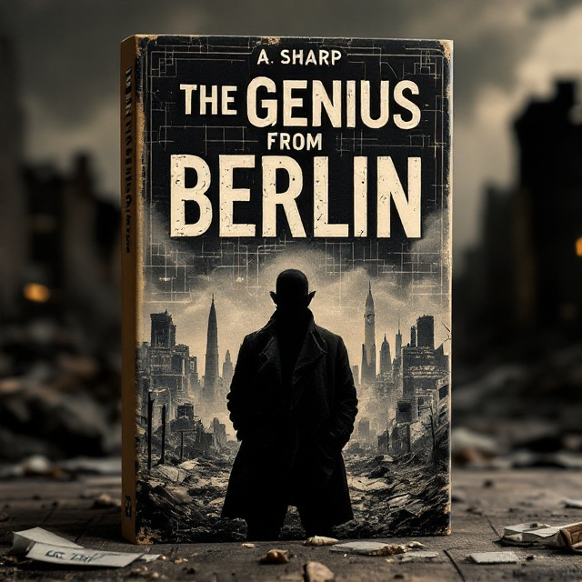 Dr. Friedrich Müller stands prominently in the foreground, his shadowed figure and haunted expression centered amidst the chaos of post-war Berlin—bombed buildings, remnants of the Berlin Wall, and debris spreading out in sepia and gray tones. A blueprint of a V-2 rocket overlays the scene, with fine technical lines emerging like faint whispers, creating an aura of mystery. Above Müller, a spy’s hand discreetly holds a CIA-stamped envelope, adding layers to the intricate storyline of espionage.