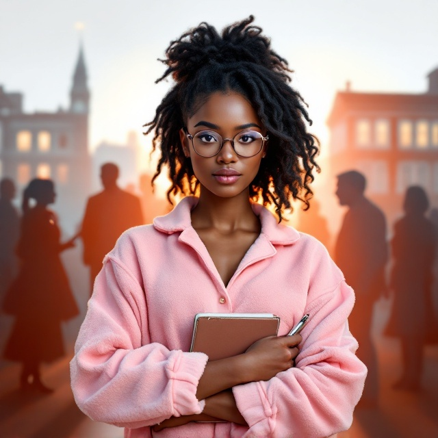 A powerful image of a 17-year-old black girl standing tall and confidently in the forefront. Her skin is a golden caramel-light tone with mature facial features showing resilience and inner strength. The background showcases fading silhouettes of a school, a couple arguing, and a disapproving teacher, all subtly blending into one another, symbolizing the challenges she's overcome. Her jet-black hair is elegantly styled with a claw clip, and she wears cute, fluffy pastel pink lounge wear. She holds a notebook and a pen, with glasses beautifully positioned on her face. A soft glow surrounds her, hinting at newfound peace and strength.