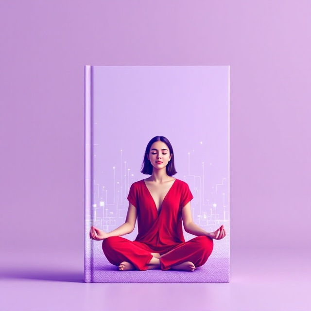 A serene lavender background with a young woman, dressed in a striking red dress, sitting cross-legged and meditating. Soft, translucent waves symbolize technology subtly incorporated into the background, enveloping the girl.
