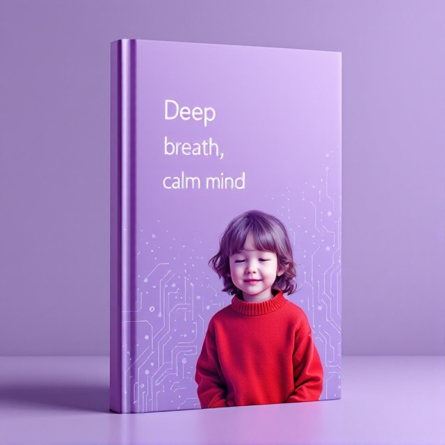 A serene lavender-hued background with a central image of a child dressed in vibrant red clothing, exuding tranquility and curiosity. The child is positioned slightly to the right with an overlay of subtle digital circuit patterns in the backdrop, suggesting a blend of technological elements with youthfulness.