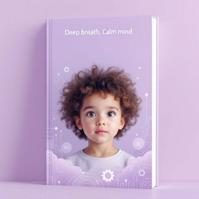 standing book mockup, Its title is "Deep breath,calm mind".  A central image of a child with curly hair and large, expressive eyes, set against a soothing lilac background. The child exudes a sense of curiosity and wonder, their gaze inviting and thoughtful. Subtle, abstract designs of neural paths and circuits gracefully weave into the background, hinting at the brain's complex workings. Light wisps of cloud formations further enhance the feeling of calm and introspection. A modern sans-serif font, clean and easy to read, is used for the title "Deep Breath, Calm Mind." The title is prominently placed at the top of the cover, using a contrasting white color to stand out against the lilac background., The image of the child is centrally placed, drawing immediate attention. The title is well-aligned above the image, while a faint watermark of gears and circuits embellishes the lower section, subtly connecting the theme of science and technology. The area where the author's name typically appears should be left completely blank, with no text or placeholder.
