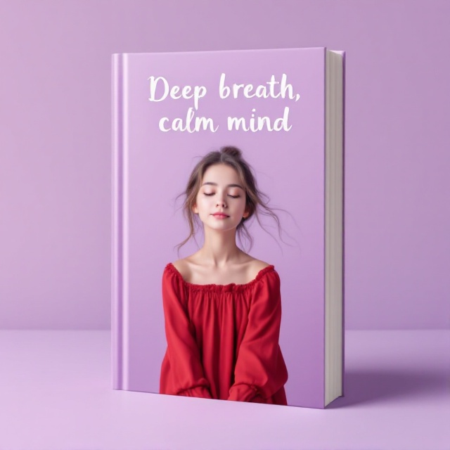 A soft-focus image of a beautiful young girl with serene features, wearing a bright red dress, sits calmly against a pastel purple (sosoni) background. The girl's tranquil expression is designed to convey peace and calmness.
