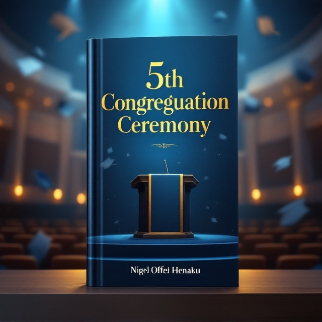 A sleek and sophisticated design featuring a formal auditorium setting with graduation caps subtly drifting above the audience. The background is a blend of soft, deep blues and rich golds, creating an atmosphere of scholarly prestige and accomplishment. The focal point is a podium draped with an elegant banner, symbolizing the ceremony's importance.
