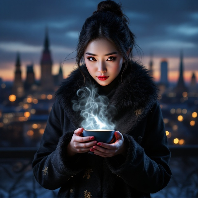 A twilight skyline of Warsaw fades into deep blues and purples, with silhouettes of landmarks like the Palace of Culture and Science. In the foreground, Mei Lin, dressed in a contemporary winter coat with elegant oriental designs, holds a steaming teacup. The steam morphs into shadowy, intricate patterns hinting at danger—a subtle poison vial outline emerges. Gold embossed swirling tea motifs blend gently into the scene, symbolizing a rich cultural tapestry.