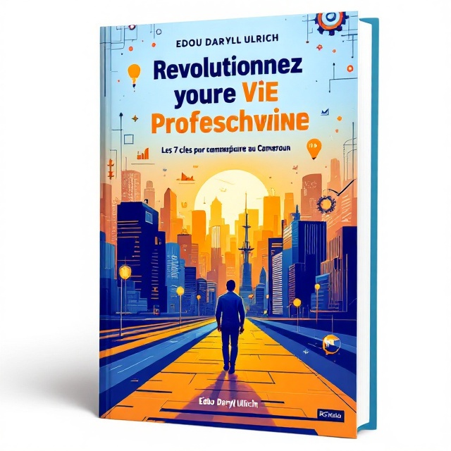 The cover features a vibrant illustration of a young African entrepreneur confidently walking forward against a backdrop of a modern cityscape, designed with bold lines and dynamic shapes. The cityscape includes identifiable elements of Cameroonian architecture subtly integrated into a futuristic business environment. A combination of blue and orange gradients sweeps across the cover, starting with deep blue at the bottom and transitioning to bright orange at the top. Overlayed are subtle icons of graphs, light bulbs, and gears that symbolize business growth and innovation.