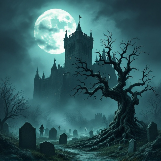 A haunting, mist-enshrouded castle towers in the background, partially obscured by shadows and fog. In the foreground, a twisted, leafless tree with gnarled branches reaches outwards, its roots curling around ancient tombstones. The moon casts an eerie light, spreading elongated shadows across the scene, while ghostly apparitions linger near the base of the tree, adding to the sense of dread.