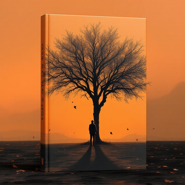 A somber, colorless landscape with a solitary tree at its center, set against a fading orange sky. The man with blond hair, seen from behind, stands directly in front of the tree. His figure casts a long shadow on the ground, emphasizing the desolation. Sparse leaves scatter in the wind, adding a sense of lost beauty.