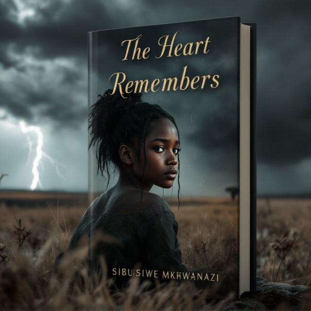 A sombre scene is depicted with a young African teenage girl sitting in the veldt. Her face is visible with tears, highlighted by rain streaks. The landscape around her is vast and barren; the sky is covered in dark, swirling storm clouds with occasional lightning in the background. The girl's expression is both sad and poignant, capturing the raw emotions of lost love.