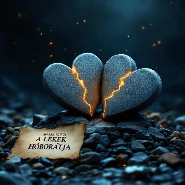 Two large, cracked stone hearts rest on a mound of stones and pebbles, with subtle smoldering embers emanating from the broken sections, casting an ethereal glow. A piece of yellowed parchment lies slightly to the left in the foreground, displaying the text "BARABÁS ZOLTÁN" above "A LEKEK HÁBORÚJA" in a delicate script. The background is a deep, mystical twilight hue, featuring a gradient from indigo to black, scattered with faint starlight.