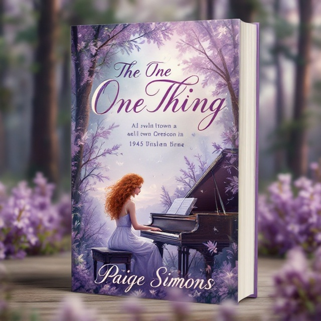 The cover features a dream-like illustration depicting a serene small-town Oregon landscape in 1945, with lavender hues blending into the background. In the foreground, a ginger-haired woman with curly locks is seated at an old, grand piano that seems to be surrounded by nature, as if it has become part of the outdoors. The scene is infused with a sense of mystery and wonder, enhanced by soft light filtering through tall trees. Delicate, hidden elements within the foliage hint at themes of family and love, subtly suggesting human figures and their bonds.