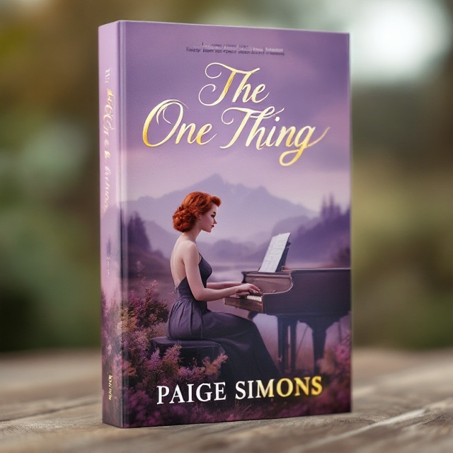 A dream-like scene depicting a ginger-haired woman in masculine 1950s clothing, playing a piano positioned outdoors against an Oregon landscape backdrop. The scene is in a lavender hue, with a soft focus, creating a sense of nostalgia and mystery. Gold calligraphy spells out the title, "The One Thing", above the woman, while the author's name, Paige Simons, appears at the bottom in a subtle yet elegant font.