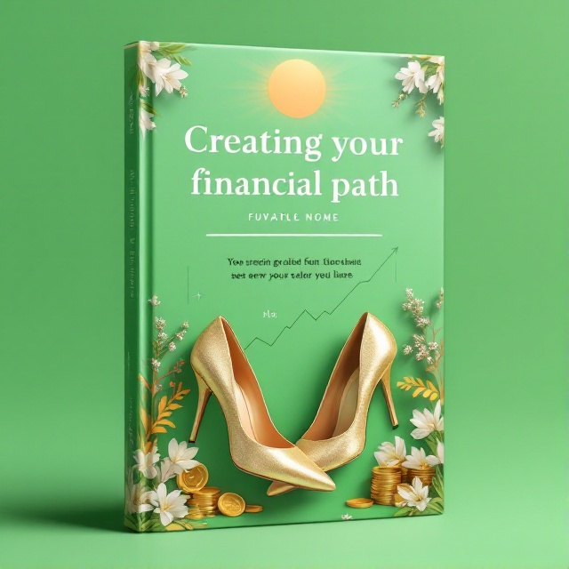 A pair of elegant high-heeled shoes in gold, placed on a vibrant green background. Around them are symbolic financial elements such as coins, a graph line, and abstract representations of empowerment, like a rising sun in the background. Delicate floral accents in white decorate the corners, adding femininity. The title is prominently positioned at the center.