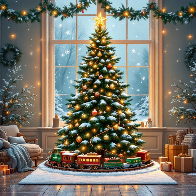 A festive illustration of a cozy living room is adorned with a prominently placed, lush green Christmas tree decorated with fake white snow. The tree is encircled by a whimsical toy train, while a large window in the background showcases delicate snowflake patterns, hinting at a serene snowfall outside. Warm, inviting lights crown the scene with a joyful glow.