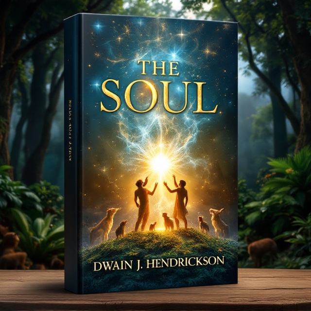 [In the foreground, the cover features a powerful portrayal of God gently cradling a shimmering, ethereal soul with an aura of glowing light; positioned beside this is the image of God breathing a radiant essence into Adam, who is emerging from rich earth covered in lush garden foliage. A serene forest with animals curiously observing is visible in the background, giving a sense of divine harmony and connectedness with nature.].