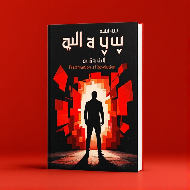 A silhouette of an actor on stage, surrounded by abstract geometric shapes that symbolize fragmentation and revolution, with dramatic spotlight effects casting shadows. The colors of Red Indian and black dominate, with accents of white highlighting the actor's silhouette and shapes.