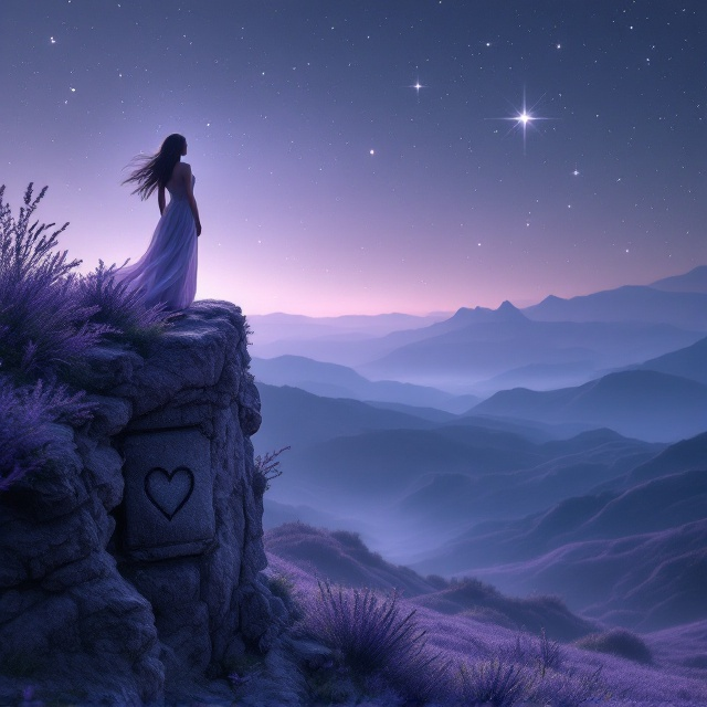 A silhouette of a woman standing gracefully on the edge of a cliff under a starlit sky; her hair flowing as if blown by a gentle breeze. The cliff is bordered by lavender fields, casting a serene and otherworldly glow of purple hues that dominate the cover. Soft, mystical lighting creates an ethereal effect, with an ancient stone tablet engraved with a heart subtly integrated into the cliff side.