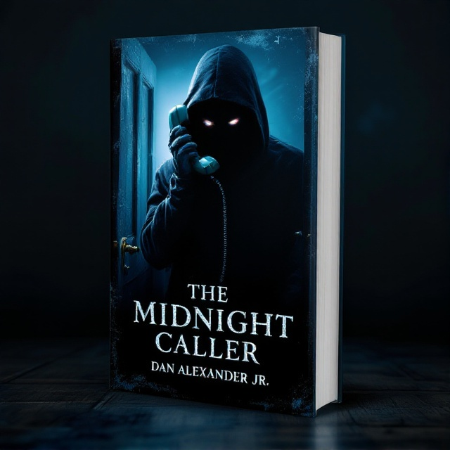 A shadowy figure depicted behind a partially open door, holding an old-fashioned rotary phone to his ear. The figure’s face is obscured in darkness, but his eyes glow menacingly. The background is a gradient of deep blues and blacks, enhancing the eerie atmosphere.
