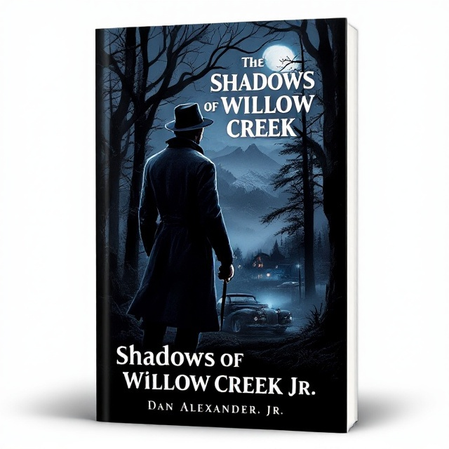 The cover features a dark, enigmatic forest at dusk, with the silhouette of a detective in a classic trench coat and fedora hat, standing with his back to the reader. He holds a magnifying glass up to his eye, peering into a dense scene of shadowy trees. A vintage car is subtly parked under the shadows of the trees in the background, adding an air of mystery. The mountain village lies in the distance, enveloped by an ominous fog, with a small hint of blue moonlight casting over it. The entire scene is cloaked in deep shades of black and blue to evoke suspense.