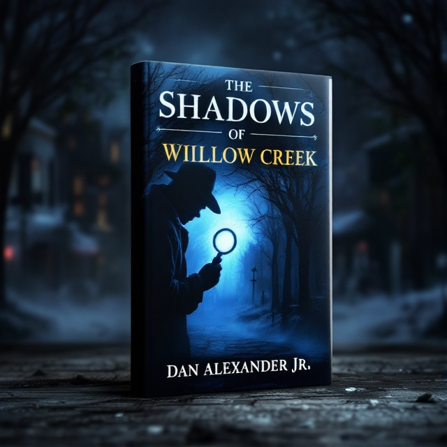 A dark silhouette of a detective partially illuminated by a dim blue light, peering through a magnifying glass. The background is a mysterious, shadowy depiction of a quiet, eerie town at dusk. Fog-like wisps and faintly visible willows add an enigmatic texture.