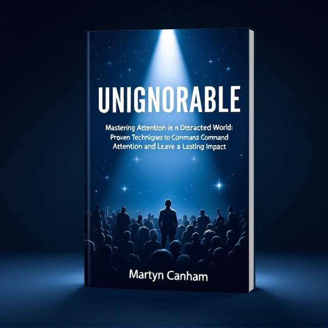The cover features a spotlight effect on the central title, "UNIGNORABLE," with a silhouette of a person standing out amidst a crowd, symbolizing the concept of attention and prominence. The background is a gradient of dark blue, providing a sense of depth and importance. Subtle light flares and geometric patterns are integrated in the background to suggest focus and dynamism.