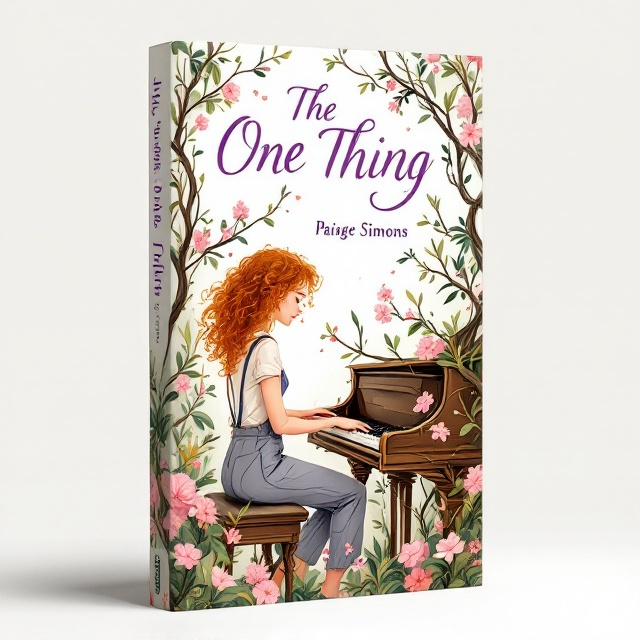 The cover features a dream-like illustration of a female with ginger curly hair, wearing trousers and suspenders, as the focal point. She is playing a piano that appears to be intertwined with branches of an eastern organ tree. Surrounding her, lush foliage and delicate flowers convey a sense of magic and nature. Elements of pink blossoms and verdant leaves accent the corners, creating a blend of hope and mystery.