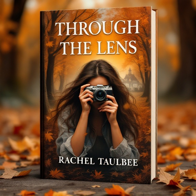 The cover features a rich, autumnal landscape dominated by shades of orange with scattered, partially fallen leaves that set a mysterious and enchanting mood. In the foreground, a Puerto Rican teenage girl is captured mid-action, holding a vintage camera to her eye, seemingly lost in the moment of taking a picture. Her long hair is slightly tousled by a gentle breeze, adding dynamism to the scene. The background hints at a small, mysterious town shrouded in a light, enigmatic mist, suggestive of secrets hidden within its borders.