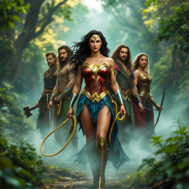 Set in a lush, verdant landscape with an enchanted middle earth backdrop. Wonder Woman stands powerfully at the forefront, wielding her iconic lasso. Flanking her are Legolas with his bow, Frodo with the One Ring in hand, Gandalf wielding his staff, Aragorn gripping his sword, and Gimli with his axe. They radiate an aura of unity and determination. A swirling mist envelops their feet, casting an ethereal glow that represents the clash of good and evil around them.