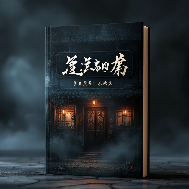 The cover showcases an eerie and foreboding Ming Dynasty inn facade, enveloped in shadowy mist. The signboard of the inn hangs prominently, its ancient and weathered wood creaking with implied history. Below the sign, the swirling, spectral outlines of ghostly souls subtly weave through the mist, giving a sense of unease and supernatural mystery. The backdrop features the infernal river of the underworld, with muted, dramatic lighting illuminating the edges of the building, casting long, sinister shadows.